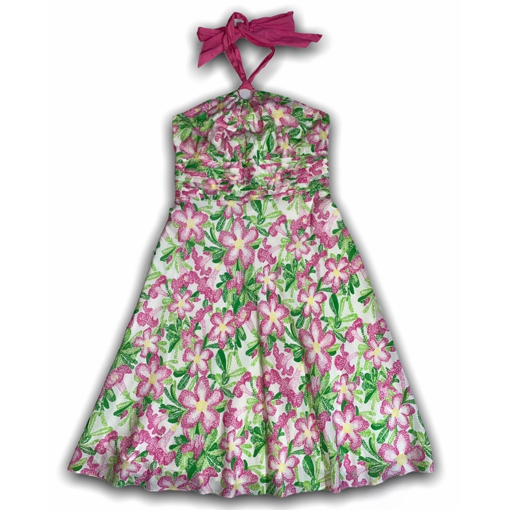 LILLY PULITZER Vintage Silk Laurel Floral Halter Below Knee Midi Summer Dress 8